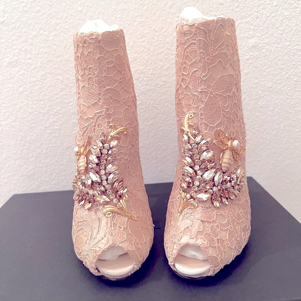Dolce & Gabbana Opened Toes Booties in Blush Taormina Lace with Crystal Accents